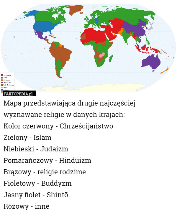 Mapa przedstawiająca drugie najczęściej wyznawane religie w danych krajach: