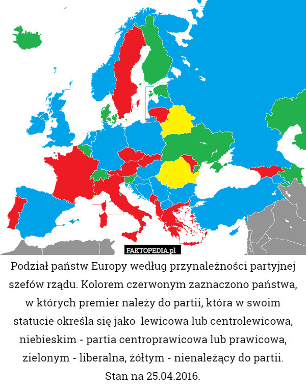 Podział państw Europy według przynależności partyjnej szefów rządu. Kolorem