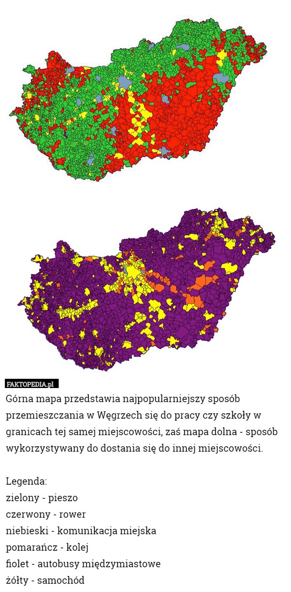Górna mapa przedstawia najpopularniejszy sposób przemieszczania w Węgrzech