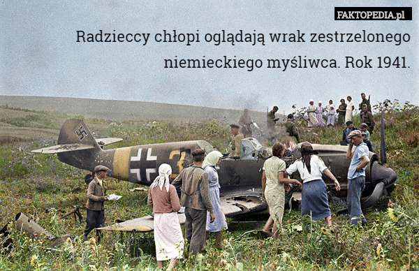 Radzieccy chłopi oglądają wrak zestrzelonego niemieckiego myśliwca. Rok
