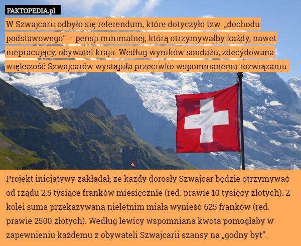 W Szwajcarii odbyło się referendum, które dotyczyło tzw. „dochodu podstawowego”