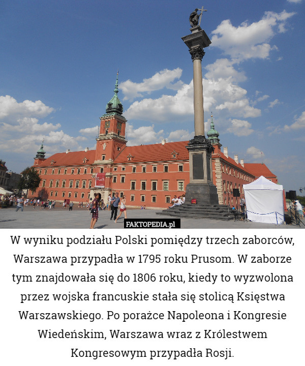 W wyniku podziału Polski pomiędzy trzech zaborców, Warszawa przypadła w