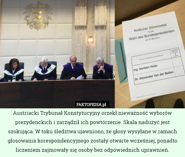 Austriacki Trybunał Konstytucyjny orzekł nieważność wyborów prezydenckich
