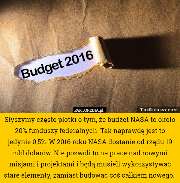 Słyszymy często plotki o tym, że budżet NASA to około 20% funduszy federalnych.