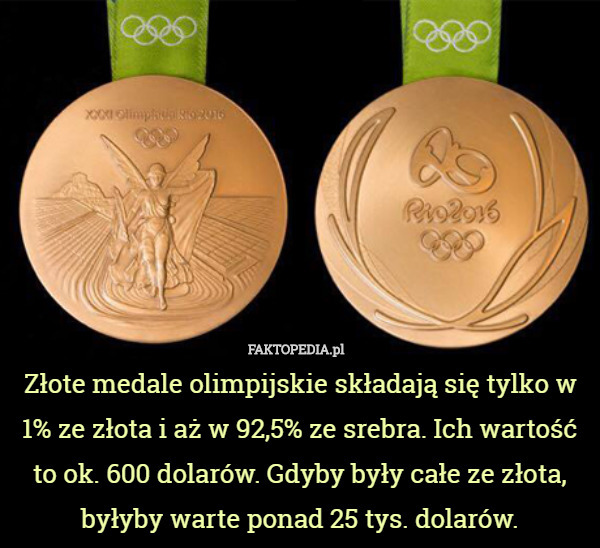 Złote medale olimpijskie składają się tylko w 1% ze złota i aż w 92,5% ze