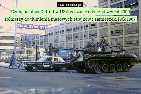 Czołg na ulicy Detroit w USA w czasie gdy rząd wysłał 5000 żołnierzy do