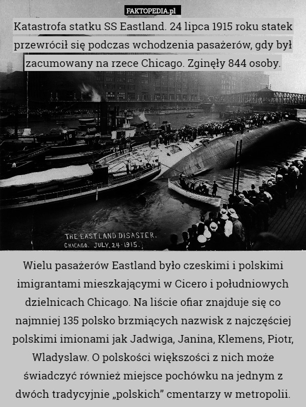 Katastrofa statku SS Eastland. 24 lipca 1915 roku statek przewrócił się