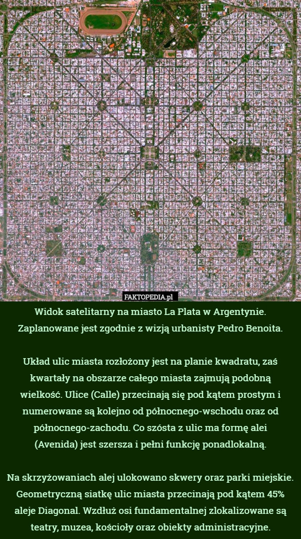 Widok satelitarny na miasto La Plata w Argentynie. Zaplanowane je zgodnie