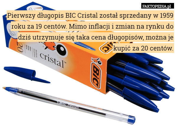 Pierwszy długopis BIC Cristal został sprzedany w 1959 roku za 19 centów.