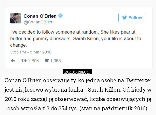 Conan O'Brien obserwuje tylko jedną osobę na Twitterze: jest nią losowo
