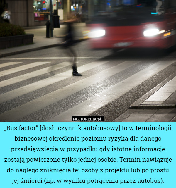 „Bus factor” [dosł.: czynnik autobusowy] to w terminologii biznesowej określenie