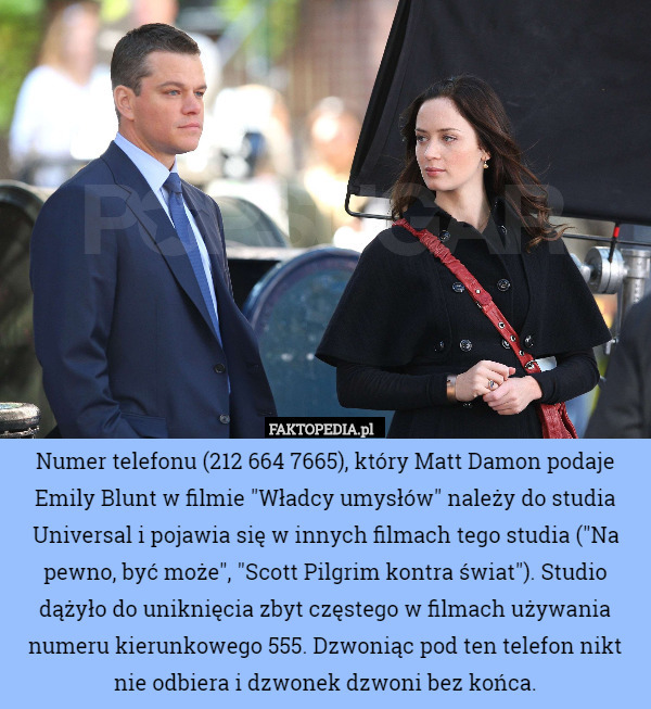 Numer telefonu (212 664 7665), który Matt Damon podaje Emily Blunt w filmie