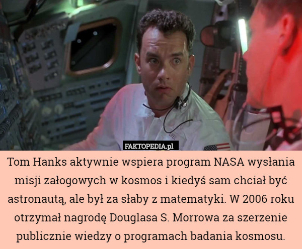 Tom Hanks aktywnie wspiera program NASA wysłania misji załogowych w kosmos