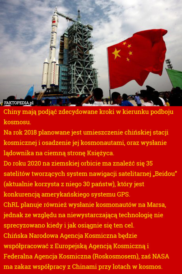 Chiny mają podjąć zdecydowane kroki w kierunku podboju kosmosu. Na rok
