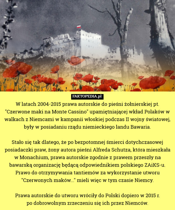 W latach 2004-2015 prawa autorskie do pieśni żołnierskiej pt. "Czerwone