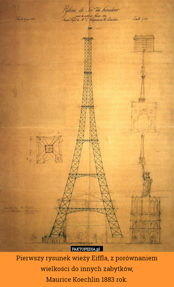 Pierwszy rysunek wieży Eiffla, z porównaniem wielkości do innych zabytków,