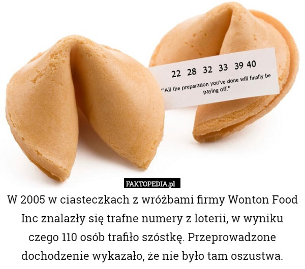 W 2005 w ciasteczkach z wróżbami firmy Wonton Food Inc znalazły się trafne