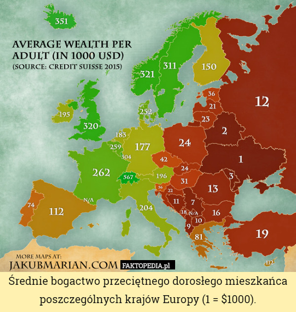 Średnie bogactwo przeciętnego dorosłego mieszkańca poszczególnych krajów