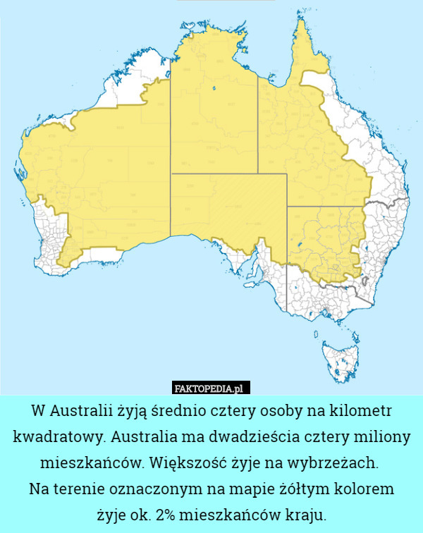 W Australii żyją średnio cztery osoby na kilometr kwadratowy. Australia
