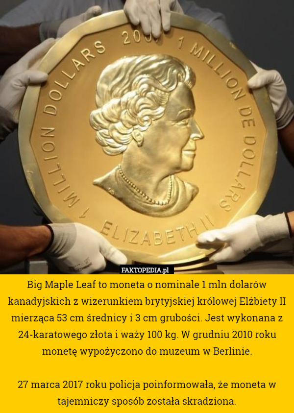 Big Maple Leaf to moneta o nominale 1 mln dolarów kanadyjskich z wizerunkiem