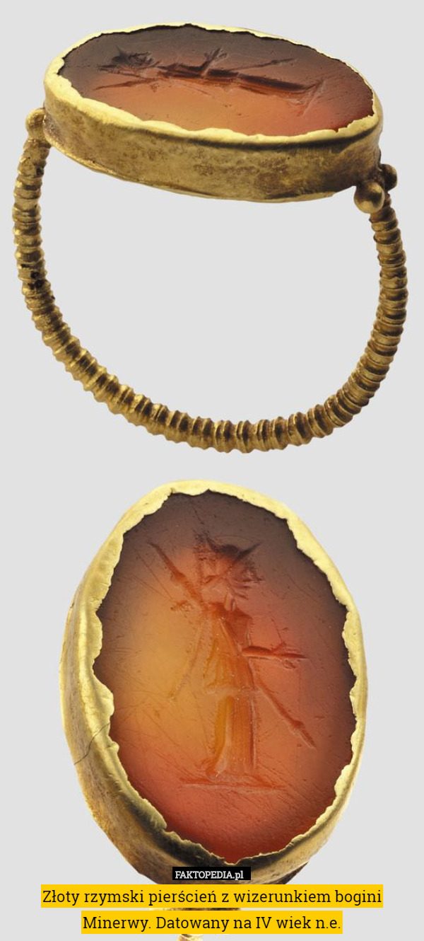 Złoty rzymski pierścień z wizerunkiem bogini Minerwy. Datowany na IV wiek