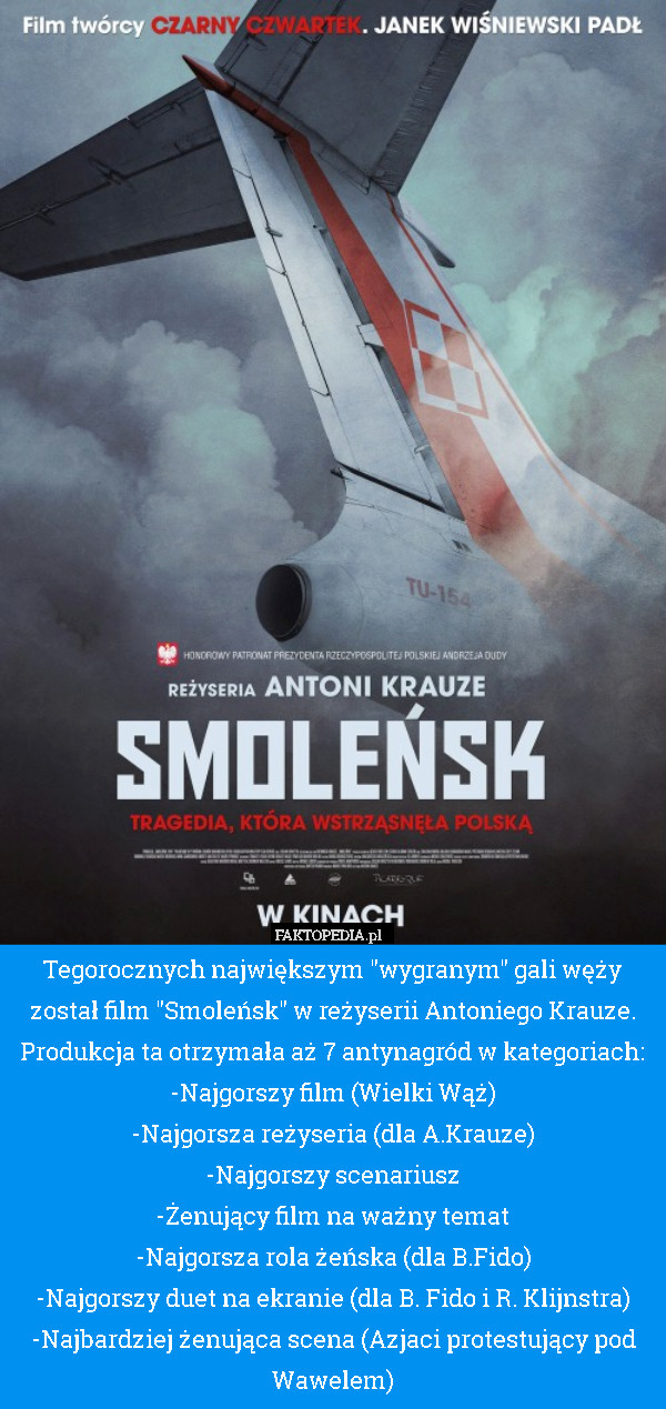 Tegorocznych największym "wygranym" gali węży został film "Smoleńsk"