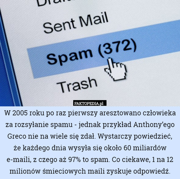 W 2005 roku po raz pierwszy aresztowano człowieka za rozsyłanie spamu -