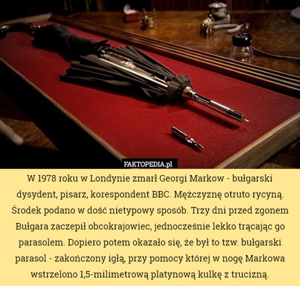 W 1978 roku w Londynie zmarł Georgi Markow - bułgarski dysydent, pisarz,