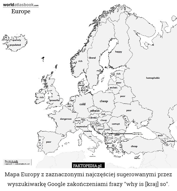 Mapa Europy z zaznaczonymi najczęściej sugerowanymi przez wyszukiwarkę Google