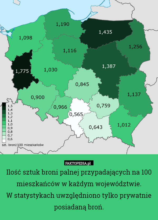 Ilość sztuk broni palnej przypadających na 100 mieszkańców w każdym województwie.