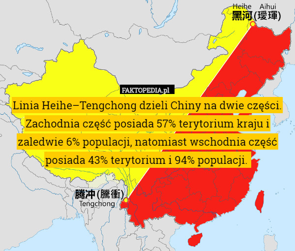 Linia Heihe–Tengchong dzieli Chiny na dwie części.
 Zachodnia część posiada