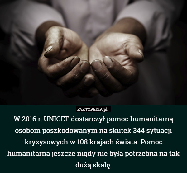 W 2016 r. UNICEF dostarczył pomoc humanitarną osobom poszkodowanym na skutek