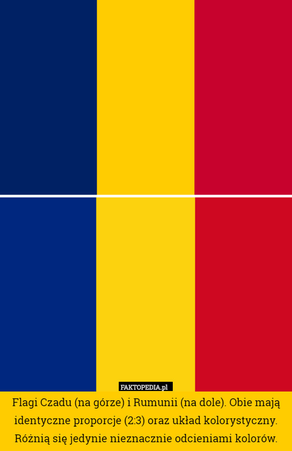 Flagi Czadu (na górze) i Rumunii (na dole). Obie mają identyczne proporcje