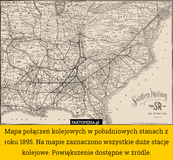 Mapa połączeń kolejowych w południowych stanach z roku 1895. Na mapie zaznaczono