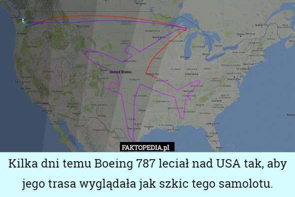 Kilka dni temu Boeing 787 leciał nad USA tak, aby jego trasa wyglądała jak
