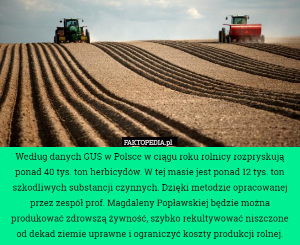 Według danych GUS w Polsce w ciągu roku rolnicy rozpryskują ponad 40 tys...