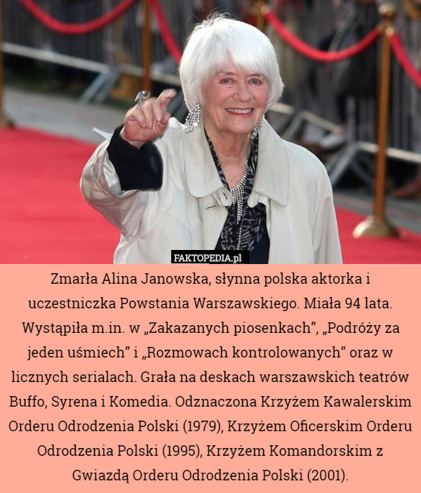 Zmarła Alina Janowska, słynna polska aktorka i uczestniczka Powstania Warszawskiego.