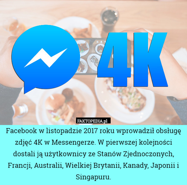 Facebook w listopadzie 2017 roku wprowadził obsługę zdjęć 4K w Messengerze.