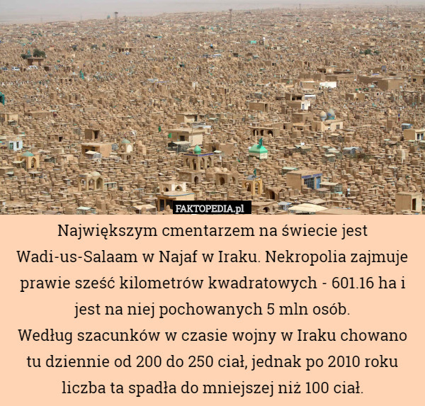 Największym cmentarzem na świecie jest Wadi-us-Salaam w Najaf w Iraku. Nekropolia