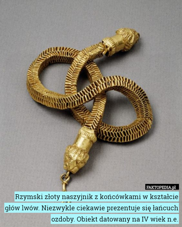 Rzymski złoty naszyjnik z końcówkami w kształcie głów lwów. Niezwykle ciekawie
