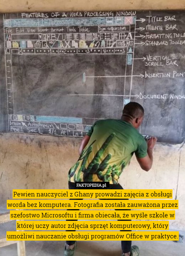 Nauczyciel z Ghany prowadzi zajęcia z obsługi worda bez komputera. Fotografia