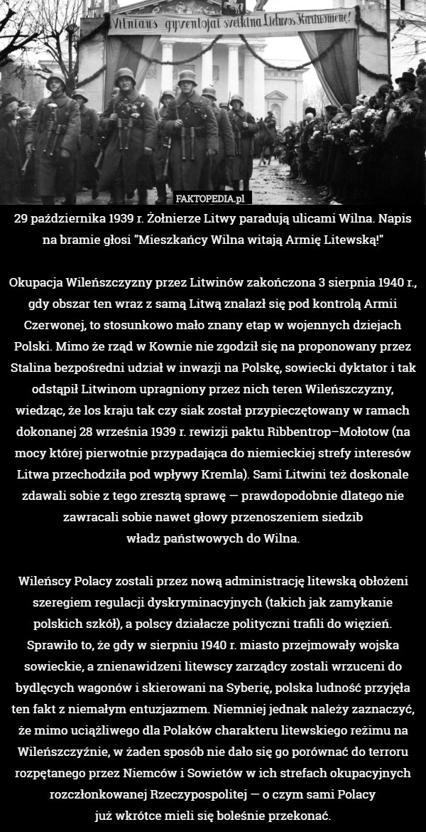 29 października 1939 r. Żołnierze Litwy paradują ulicami Wilna. Napis na