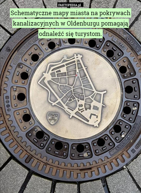 Schematyczne mapy miasta na pokrywach kanalizacyjnych w Oldenburgu pomagają