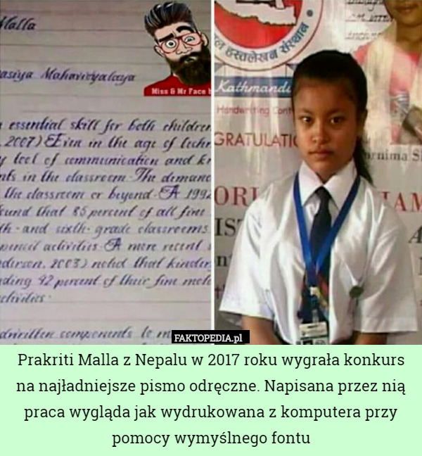 Prakriti Malla z Nepalu w 2017 roku wygrała konkurs na najładniejsze pismo