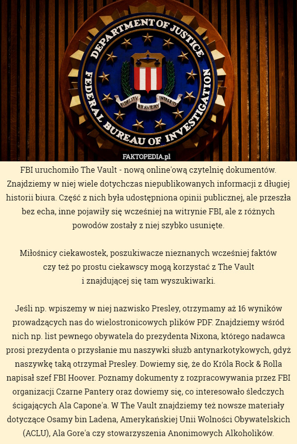 FBI uruchomiło The Vault - nową online'ową czytelnię dokumentów. Znajdziemy...