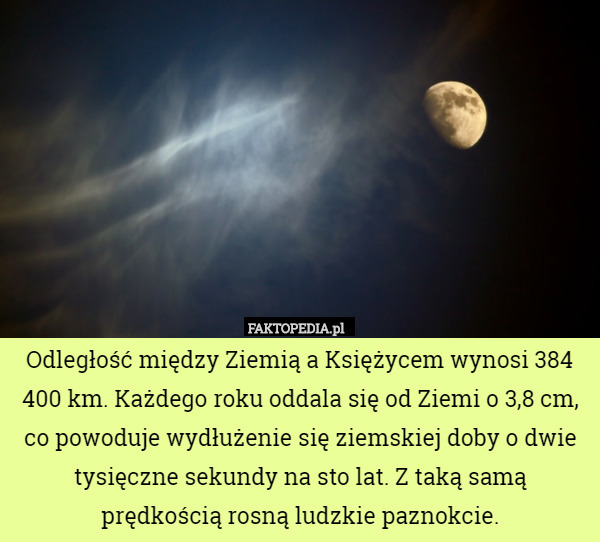 Odległość między Ziemią a Księżycem wynosi 384 400 km. Każdego roku oddala