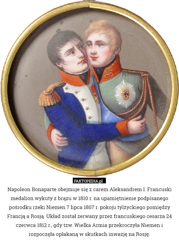 Napoleon Bonaparte obejmuje się z carem Aleksandrem I. Francuski medalion