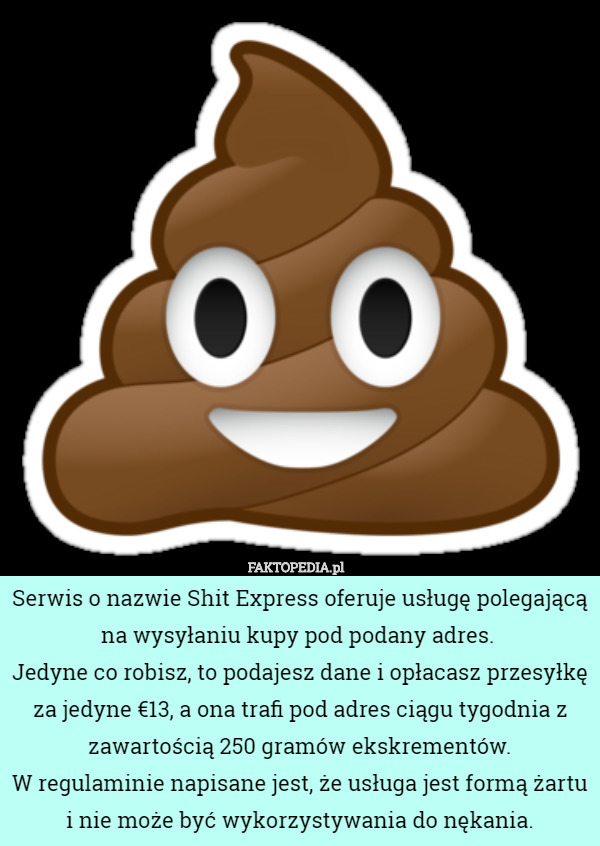 Serwis o nazwie Shit Express oferuje usługę polegającą na wysyłaniu kupy
