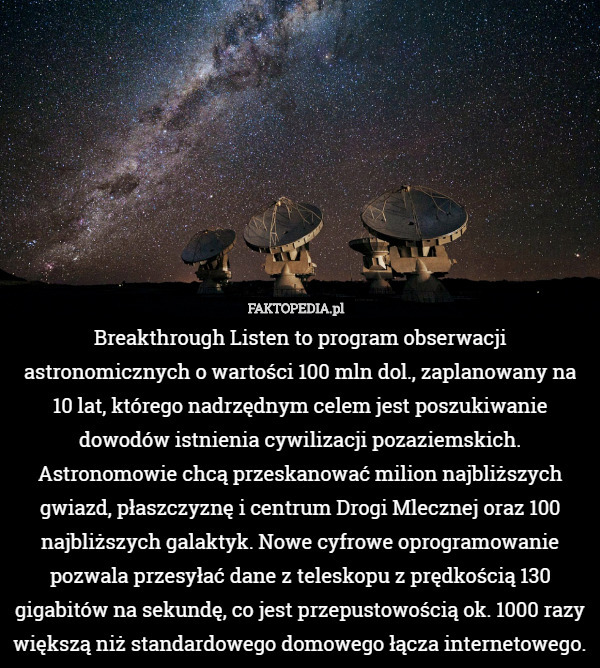 Breakthrough Listen to program obserwacji astronomicznych o wartości 100
