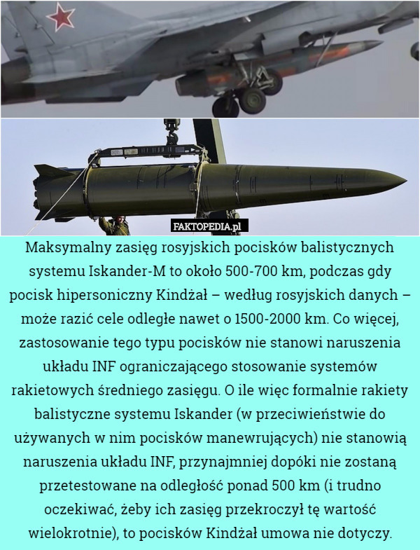 Maksymalny zasięg rosyjskich pocisków balistycznych systemu Iskander-M to
